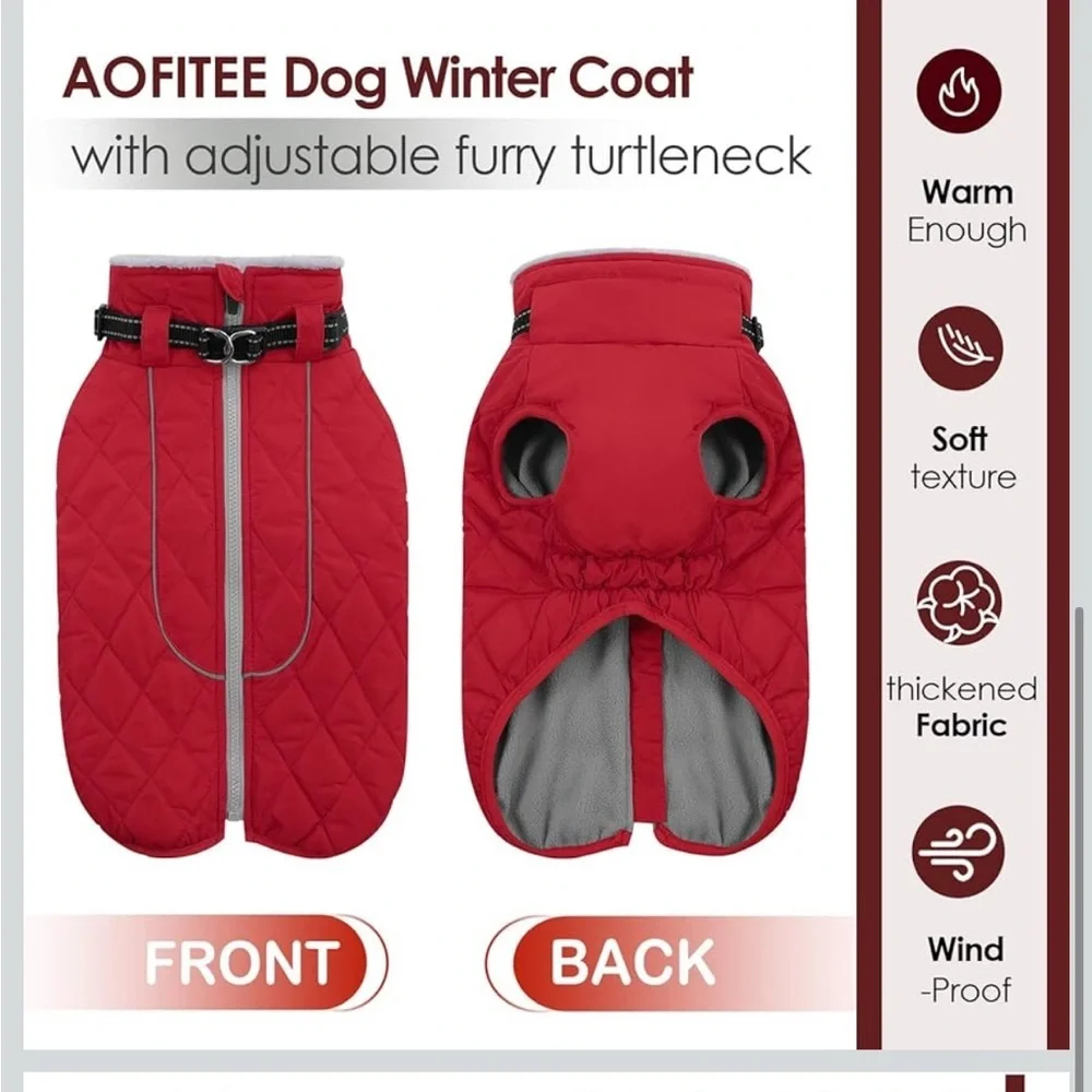 AOFITEE Large Dog Winter Jacket, Waterproof With Back Zipper, Reflective  542 -1